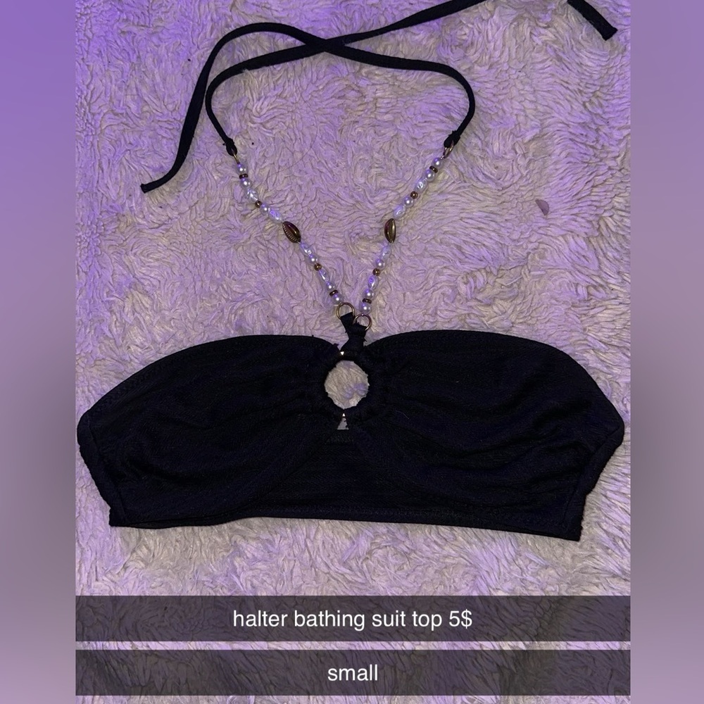 Black Halter Bikini Top with Beaded Strap